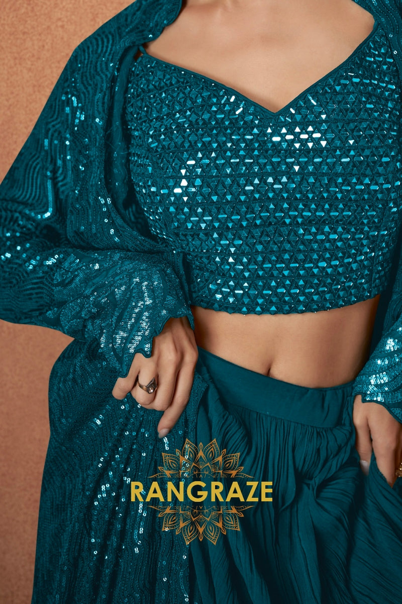 Teal Premium Chinon Designer Anarkali Suit Set