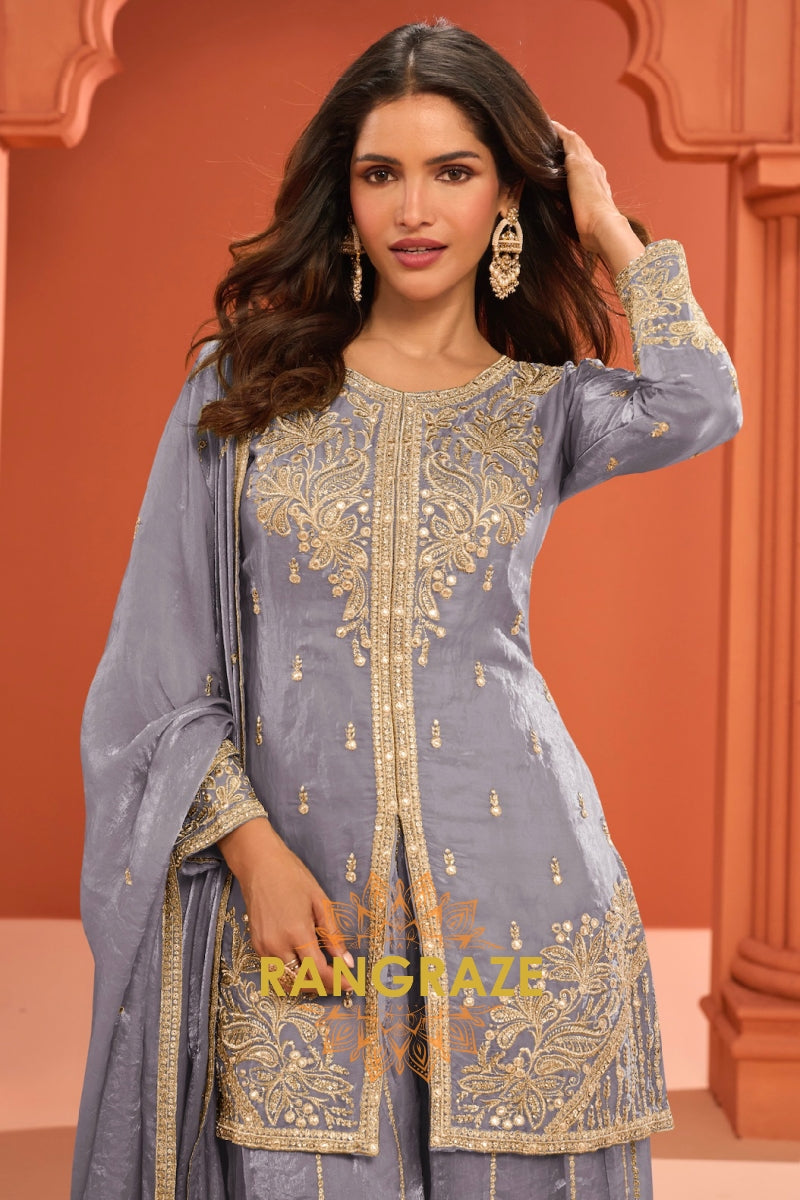 Grey Silk Designer Embroidered Suit Set