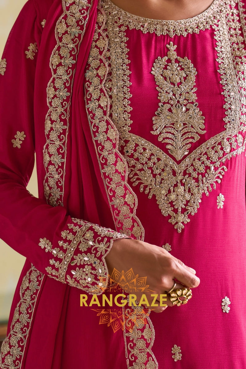 Rani Pink Designer Embroidered Pure Chinon Suit Set