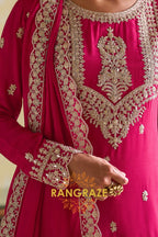 Rani Pink Designer Embroidered Pure Chinon Suit Set