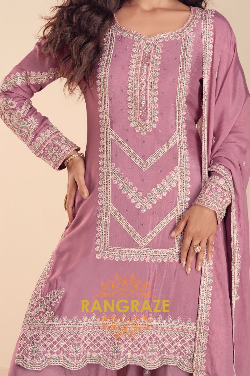 Dusty Rose Premium Chinon Designer Suit Set