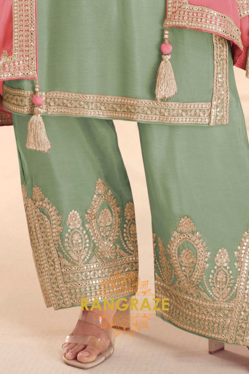 Pastel Green Premium Chinon Designer Suit Set