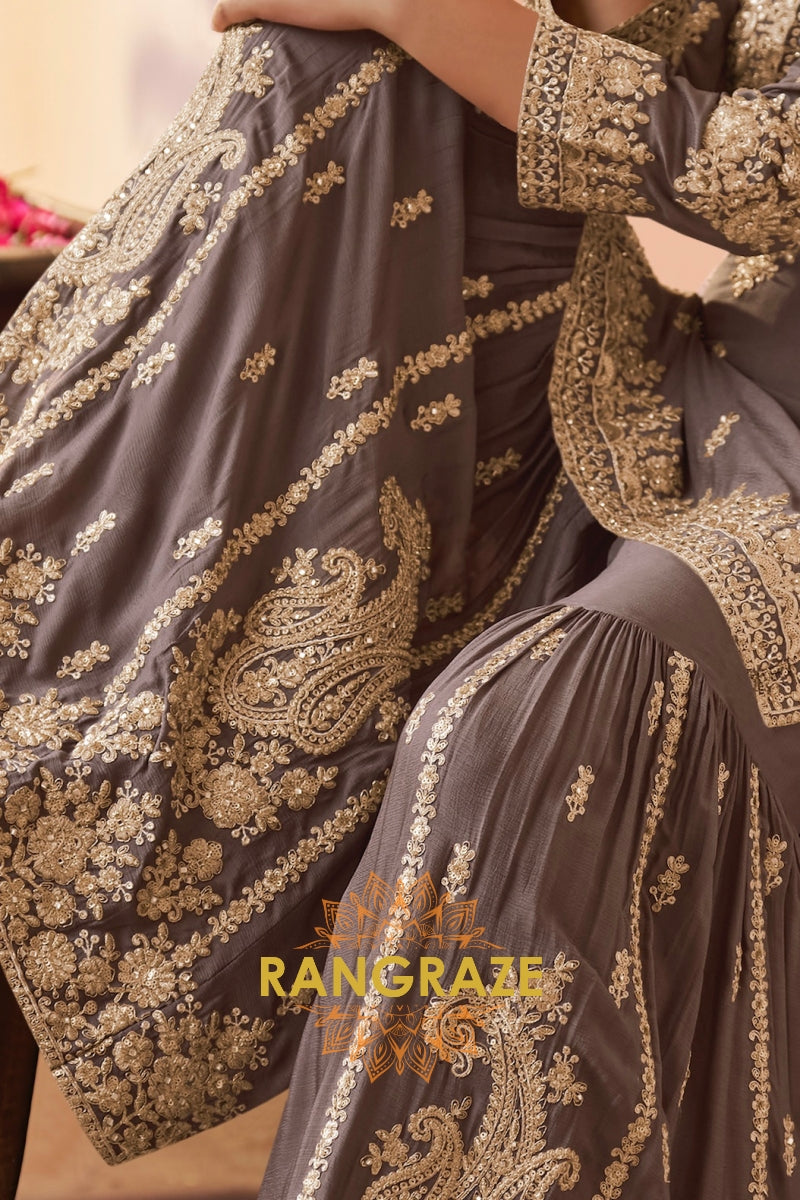 Taupe Premium Chinon Designer Embroidered Suit Set
