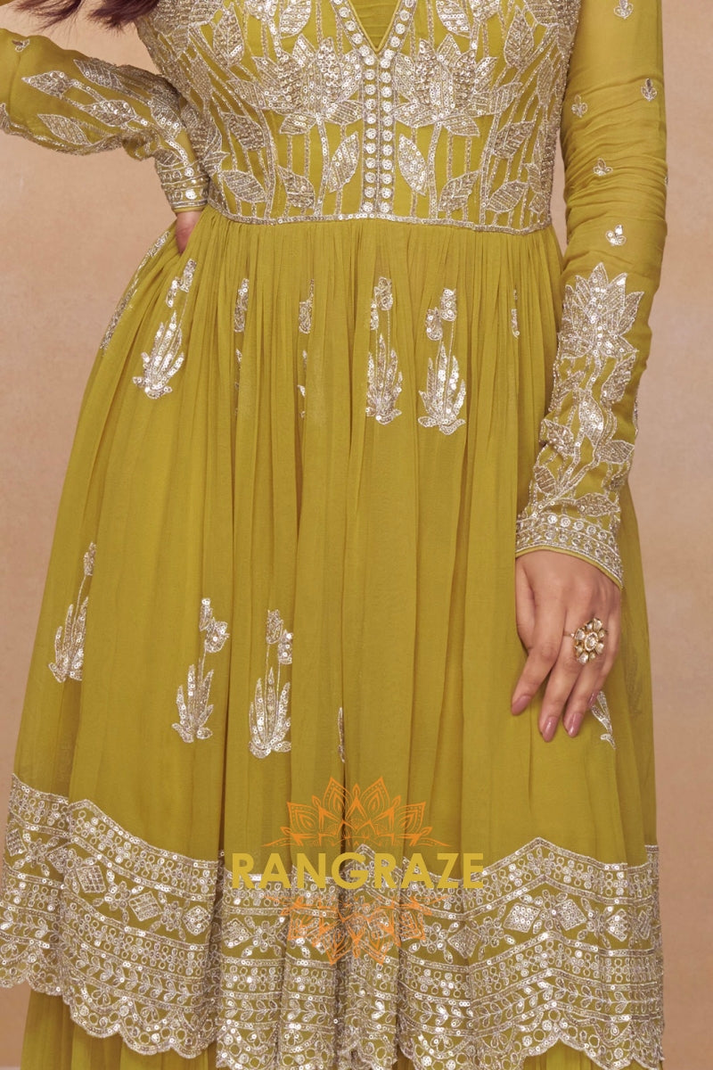 Olive Green Premium Chinon Designer Anarkali Suit Set