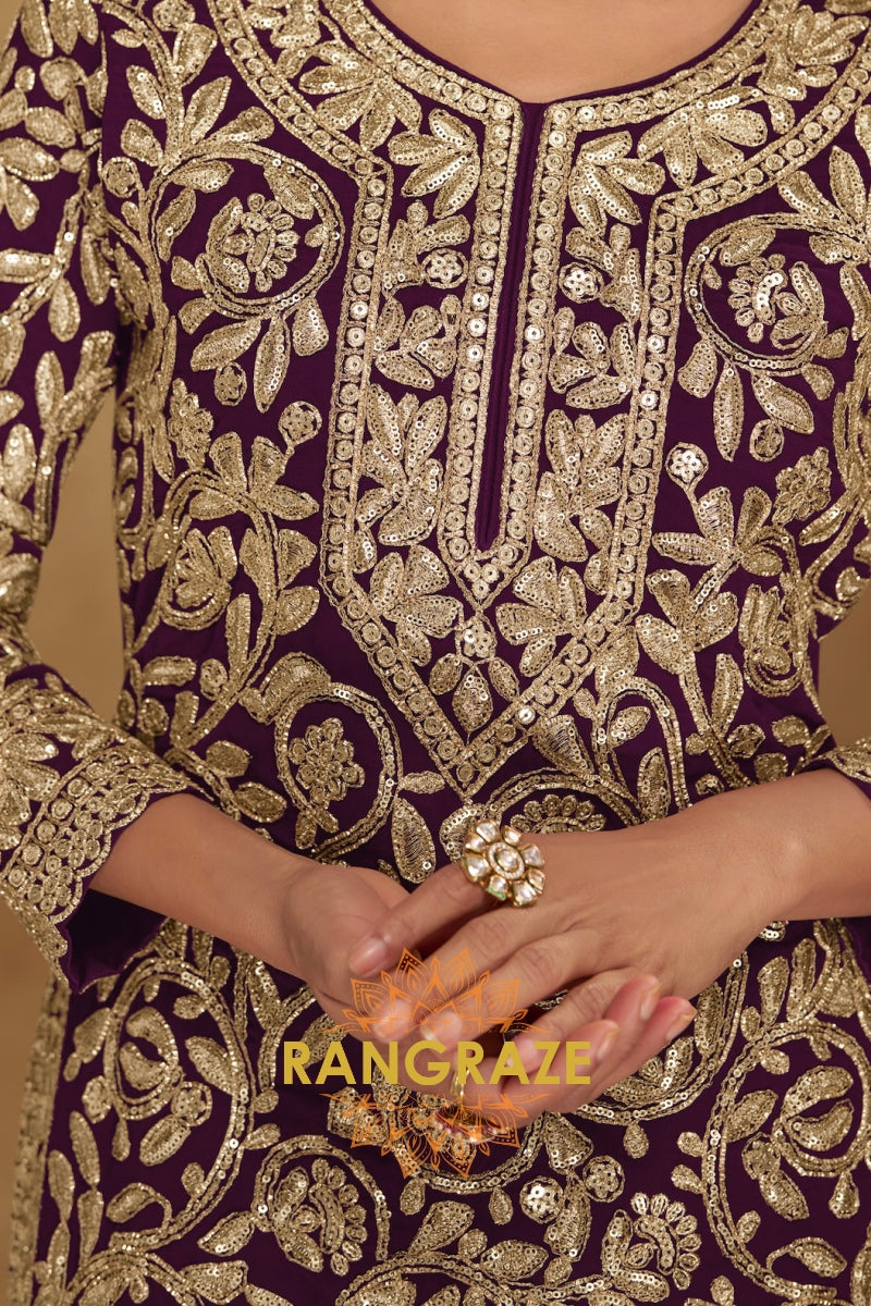 Plum Premium Georgette Designer Suit Set