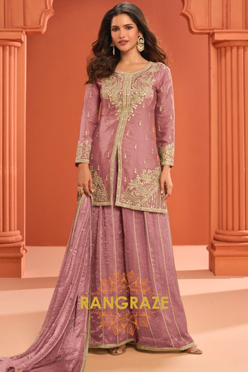 Dusty Rose Silk Designer Embroidered Suit Set