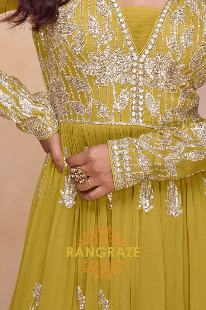 Olive Green Premium Chinon Designer Anarkali Suit Set