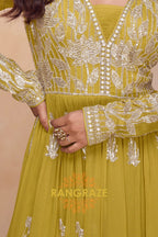 Olive Green Premium Chinon Designer Anarkali Suit Set