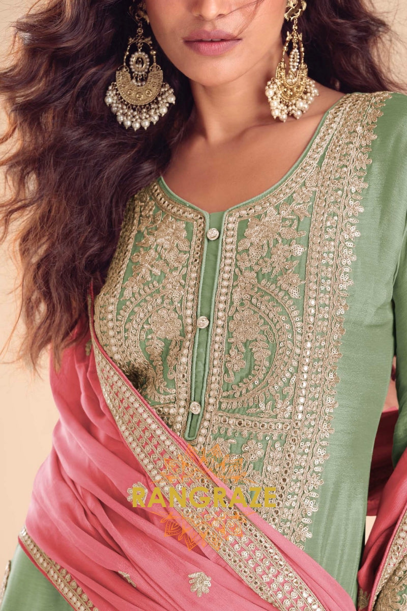 Pastel Green Premium Chinon Designer Suit Set