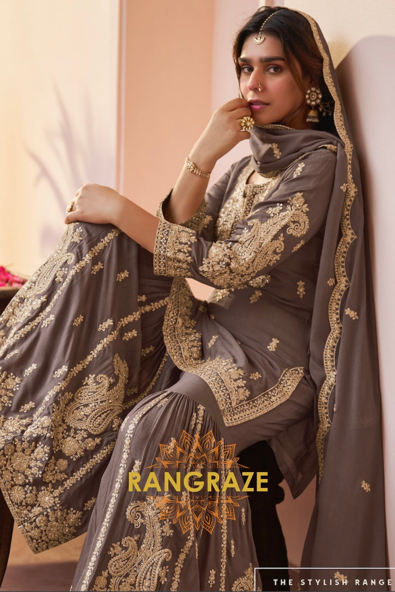 Taupe Premium Chinon Designer Embroidered Suit Set