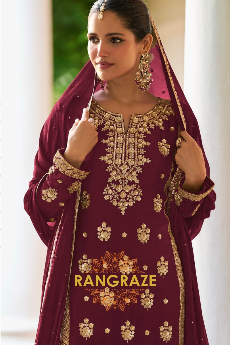 Maroon Premium Chinon Designer Suit Set