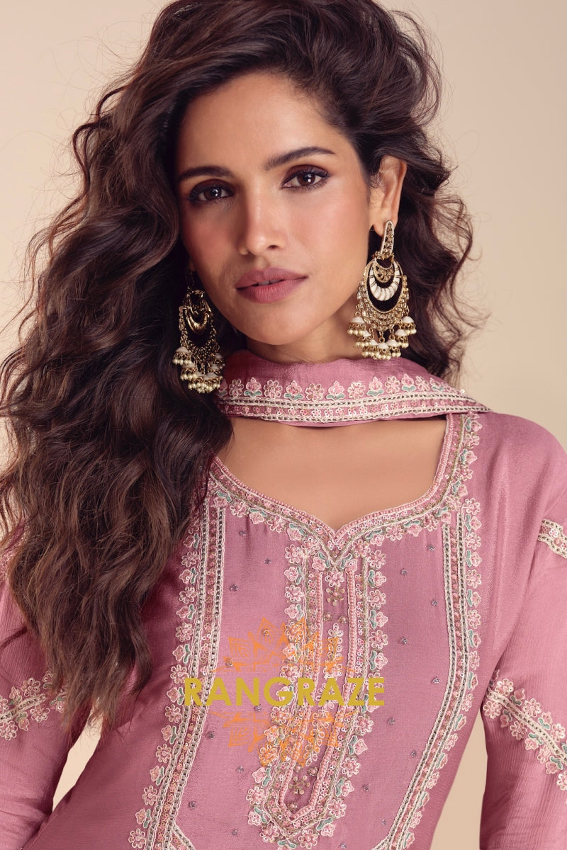 Dusty Rose Premium Chinon Designer Suit Set