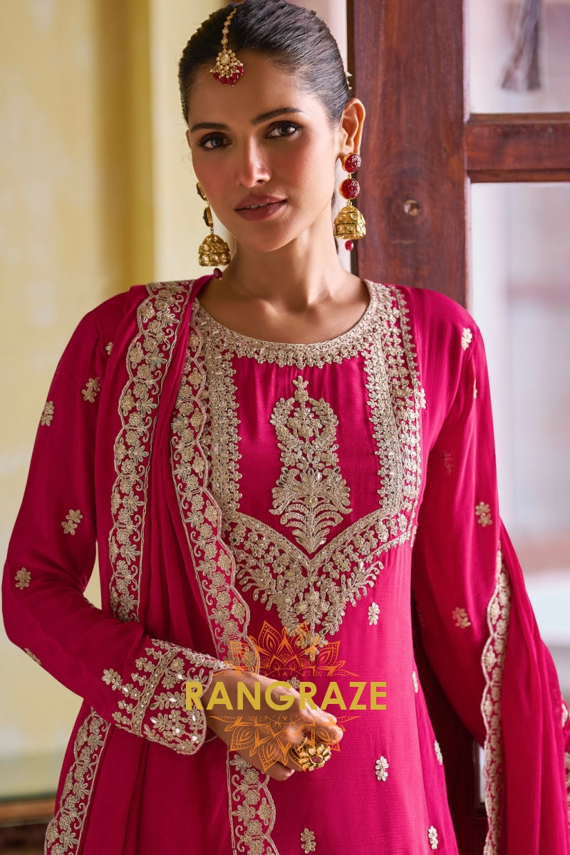 Rani Pink Designer Embroidered Pure Chinon Suit Set