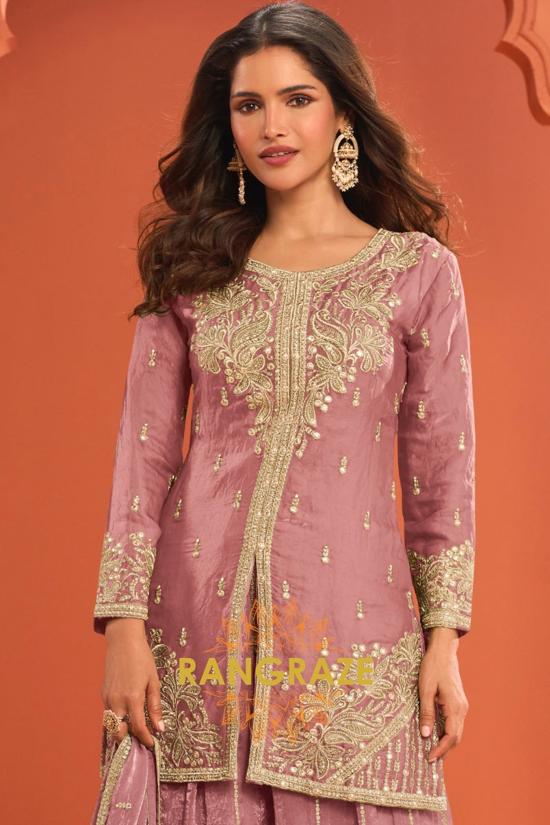 Dusty Rose Silk Designer Embroidered Suit Set