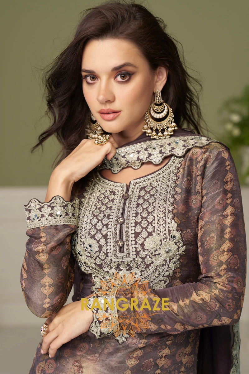 Mocha Brown Premium Chinon Designer Suit Set
