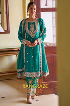 Emerald Green Designer Embroidered Pure Chinon Suit Set
