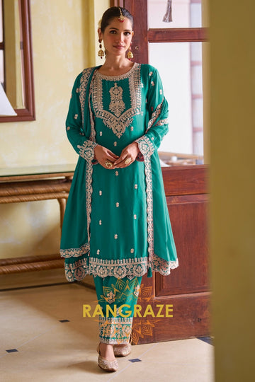 Emerald Green Designer Embroidered Pure Chinon Suit Set
