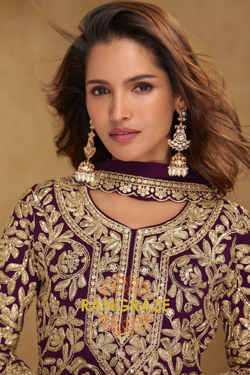 Plum Premium Georgette Designer Suit Set
