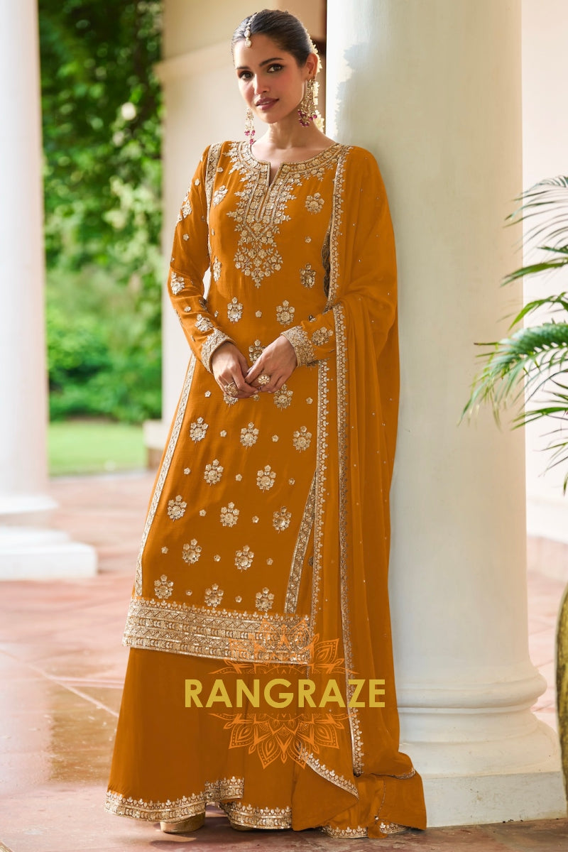 Mustard Premium Chinon Designer Suit Set