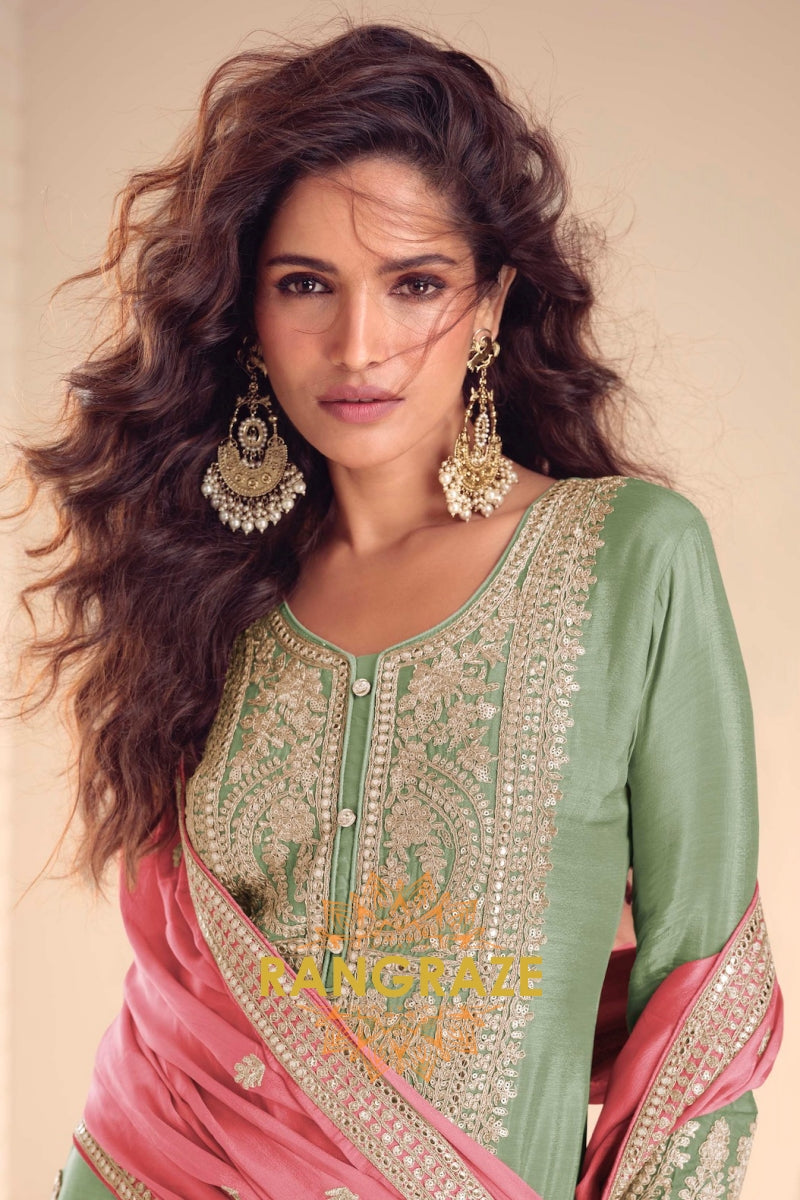 Pastel Green Premium Chinon Designer Suit Set