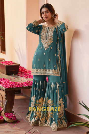 Teal Premium Chinon Designer Embroidered Suit Set