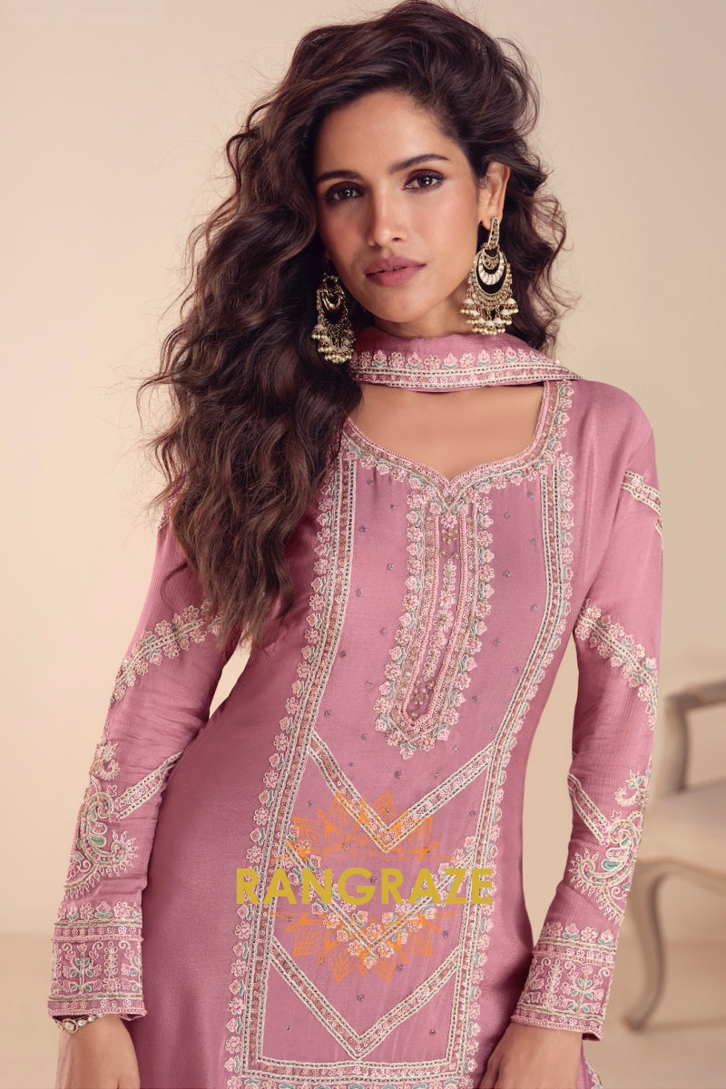 Dusty Rose Premium Chinon Designer Suit Set