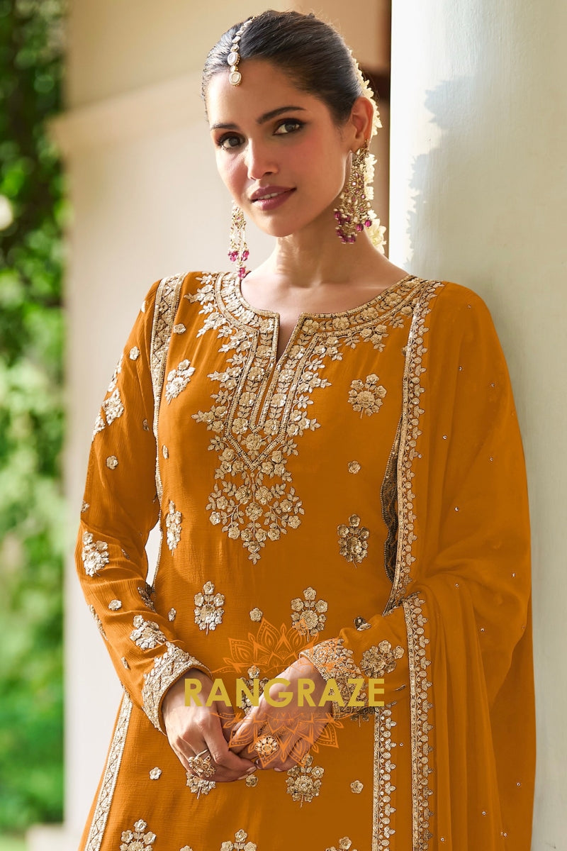 Mustard Premium Chinon Designer Suit Set