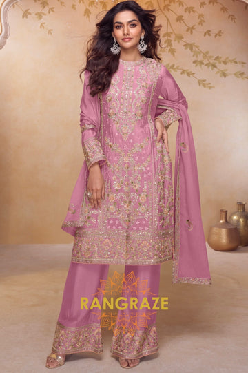 Rose Pink Premium Chinon Designer Suit Set
