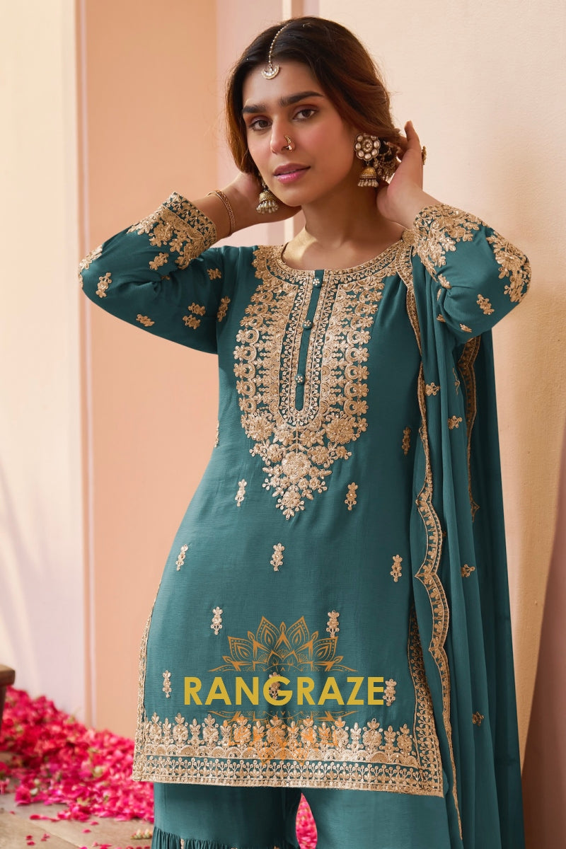 Teal Premium Chinon Designer Embroidered Suit Set