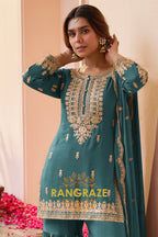 Teal Premium Chinon Designer Embroidered Suit Set