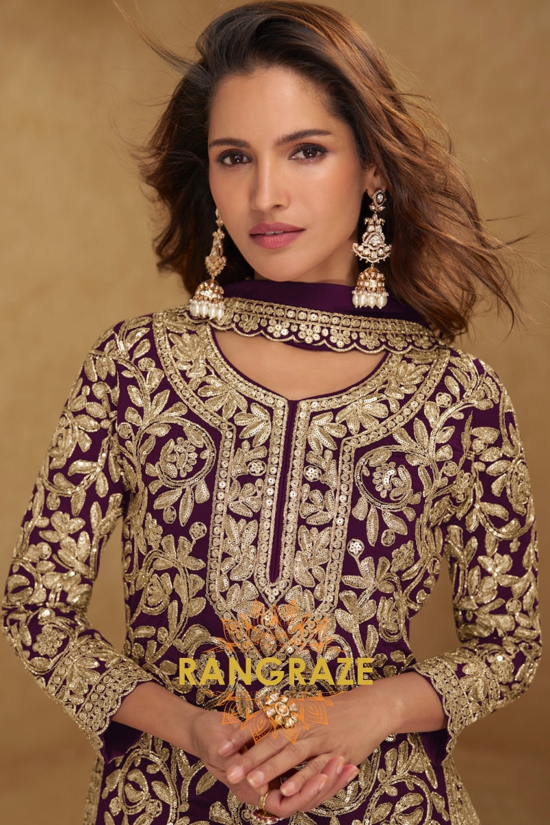 Plum Premium Georgette Designer Suit Set