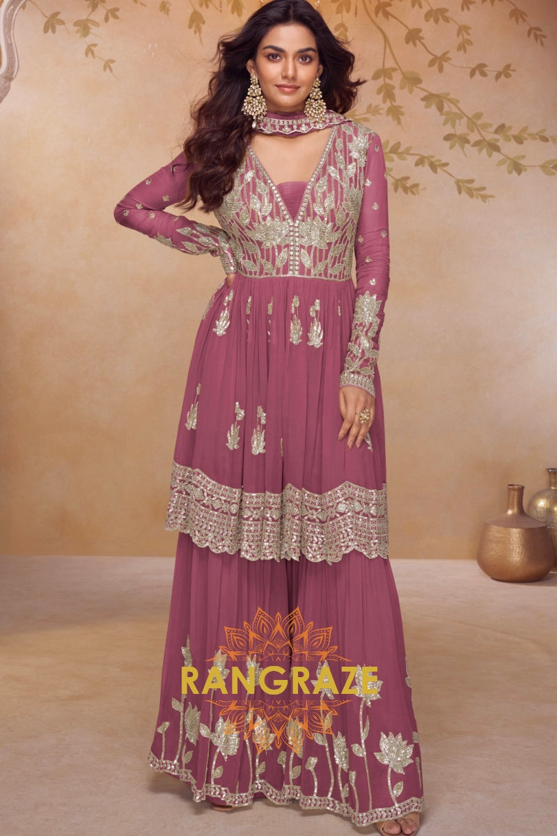 Rose Pink Premium Chinon Designer Anarkali Set Suit Set