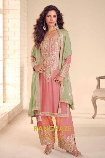 Peach Premium Chinon Designer Suit Set