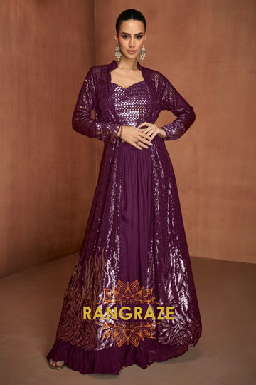 Plum Premium Chinon Designer Anarkali Suit Set