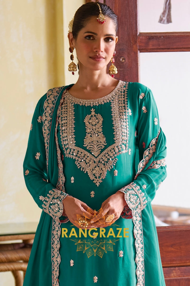 Emerald Green Designer Embroidered Pure Chinon Suit Set
