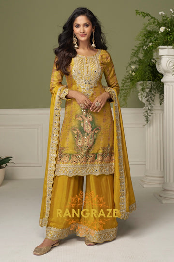 Mustard Premium Chinon Designer Suit Set