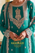 Emerald Green Designer Embroidered Pure Chinon Suit Set