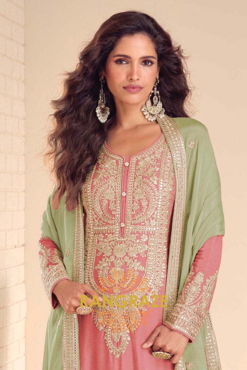 Peach Premium Chinon Designer Suit Set