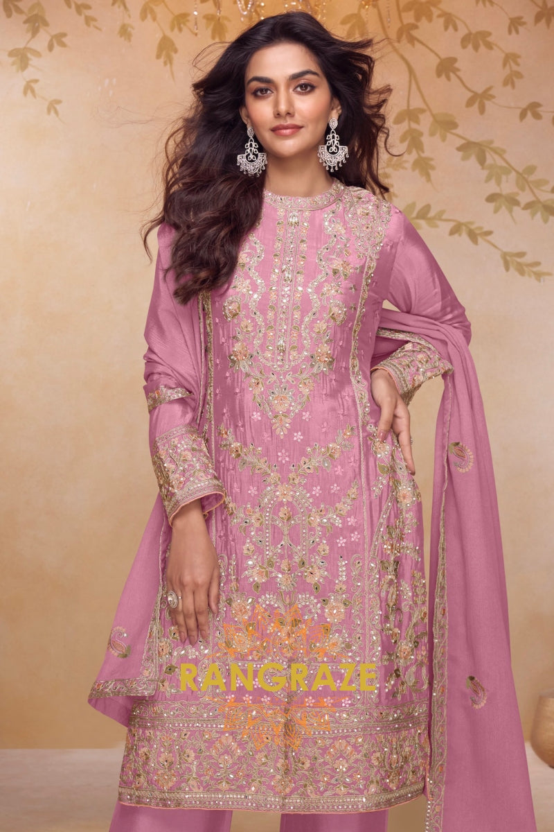 Rose Pink Premium Chinon Designer Suit Set