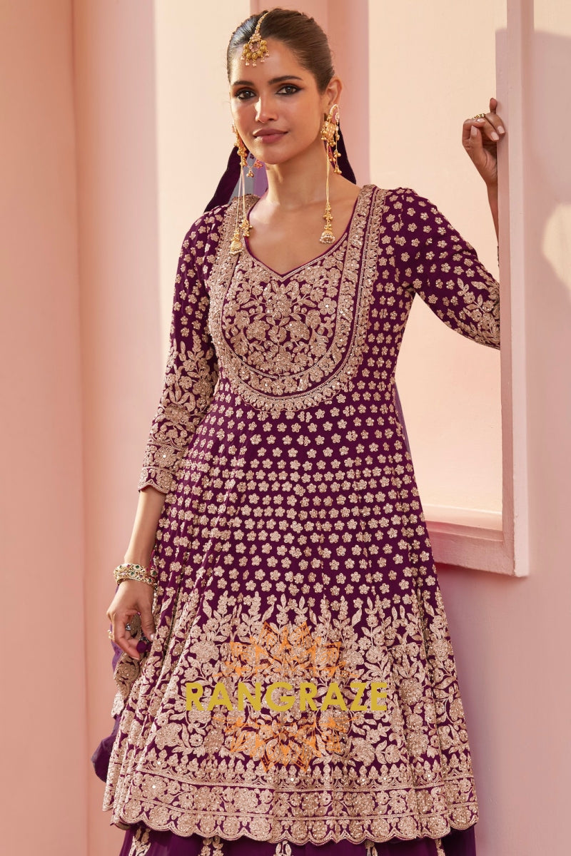 Plum Premium Georgette Designer Anarkali Lehenga Suit Set