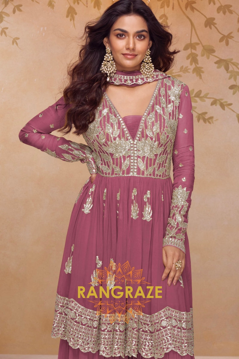 Rose Pink Premium Chinon Designer Anarkali Set Suit Set