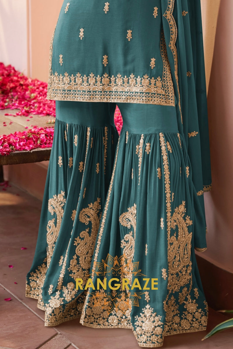 Teal Premium Chinon Designer Embroidered Suit Set