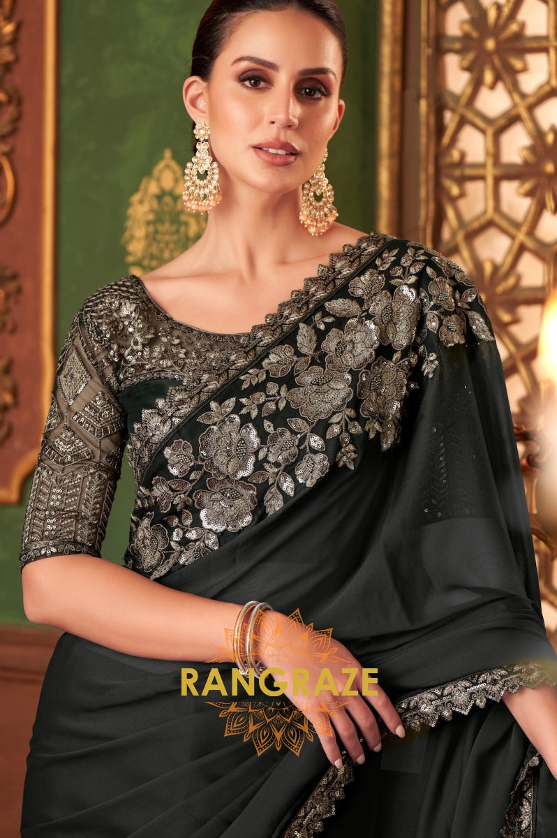 Elegant Black Designer Saree with Exquisite Embroidery