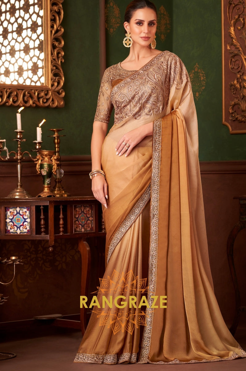 Golden Beige Designer Saree with Exquisite Embroidery