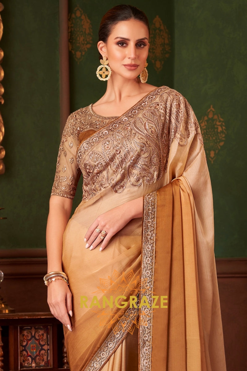 Golden Beige Designer Saree with Exquisite Embroidery