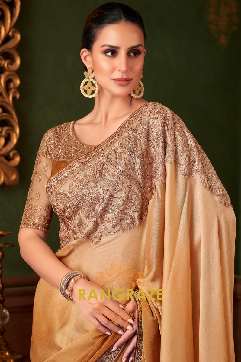 Golden Beige Designer Saree with Exquisite Embroidery