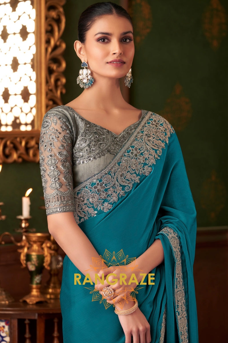 Teal Designer Saree with Exquisite Silver Embroidery