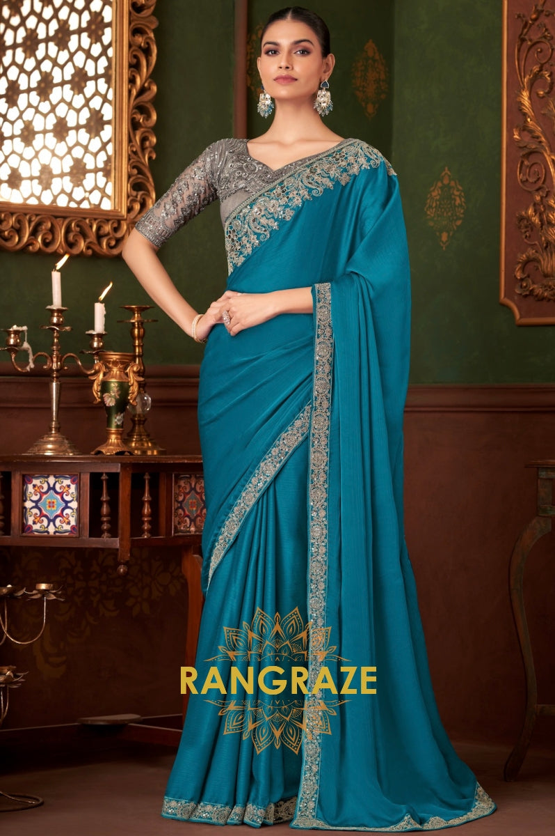 Teal Designer Saree with Exquisite Silver Embroidery