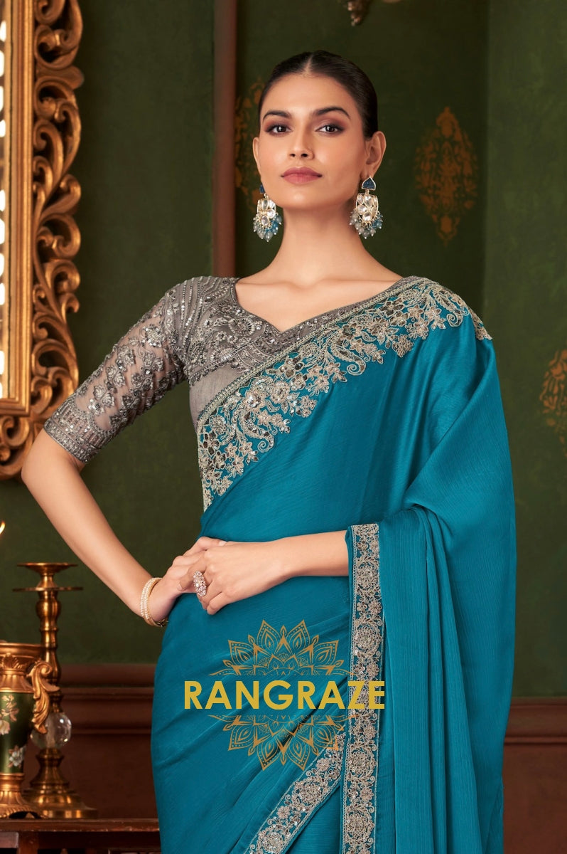 Teal Designer Saree with Exquisite Silver Embroidery