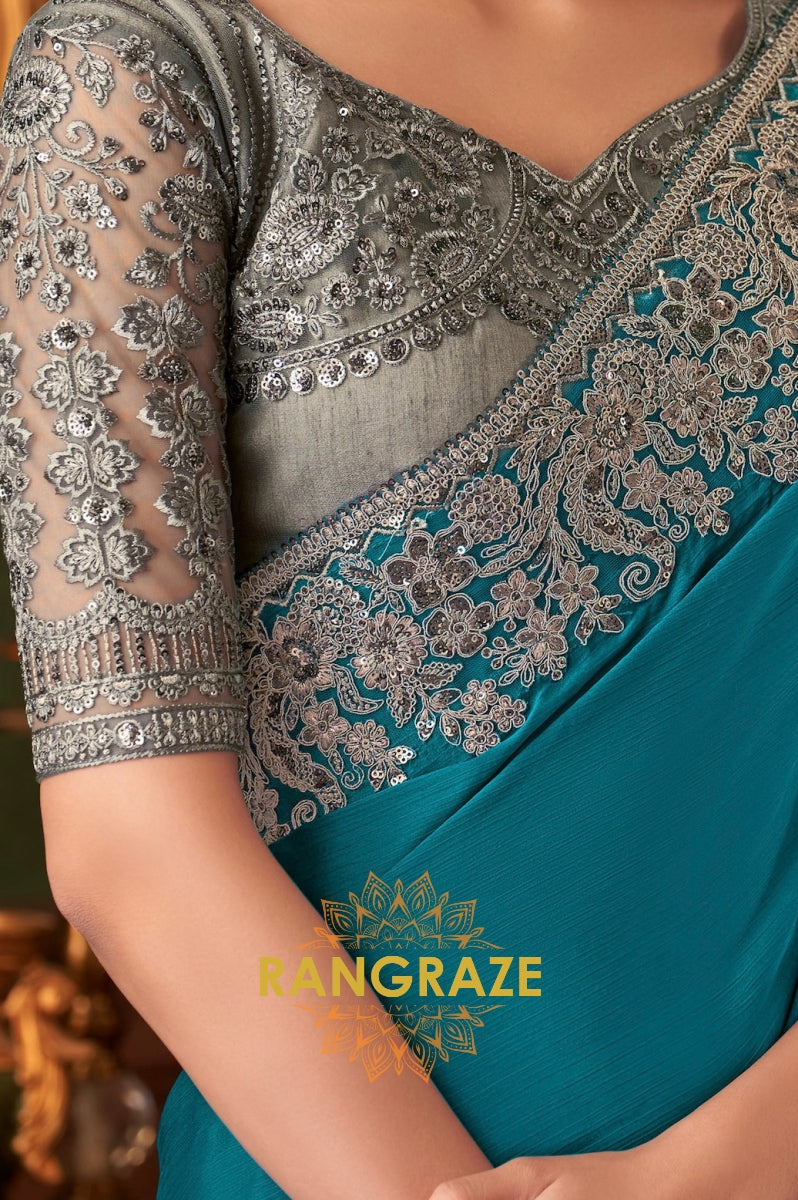 Teal Designer Saree with Exquisite Silver Embroidery